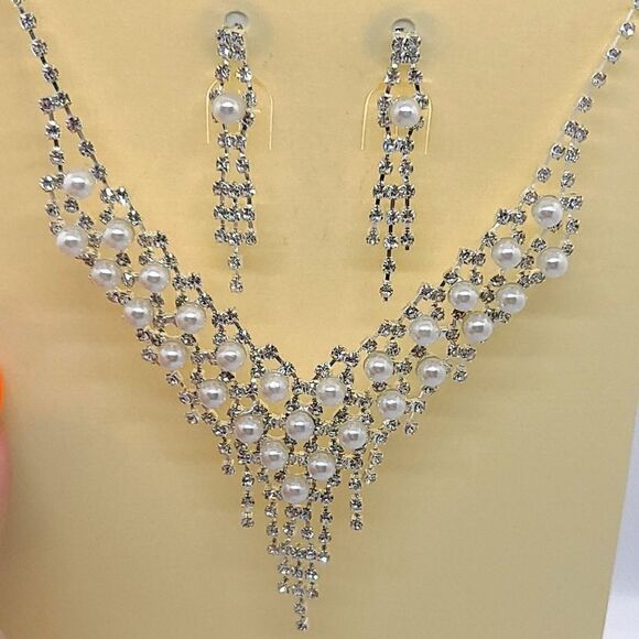 Fancy Rhinestone Pearl Jewelry Set Dangle Earrings Classic Wedding Bridal Bride - Picture 2 of 11